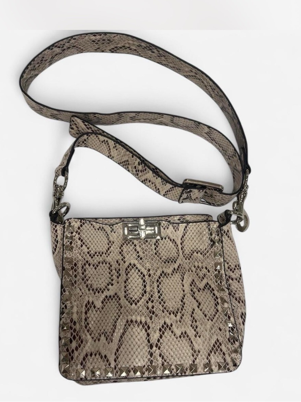 Beige Snake-Print Crossbody Bag with Stud Trim
